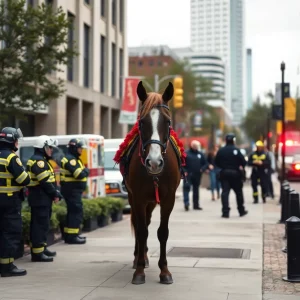 Scene of a sidewalk in downtown Atlanta with emergency responders at the location of a horse found dead.