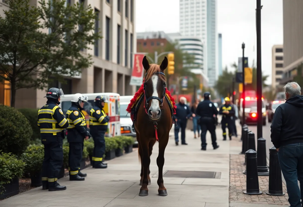 Scene of a sidewalk in downtown Atlanta with emergency responders at the location of a horse found dead.