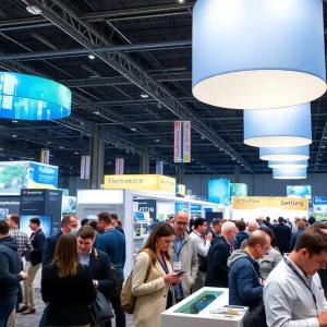 Attendees at the IEC Atlanta Power Show interacting with exhibitors