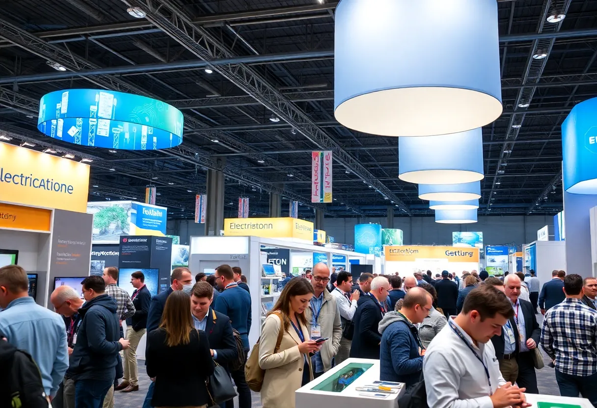 Attendees at the IEC Atlanta Power Show interacting with exhibitors