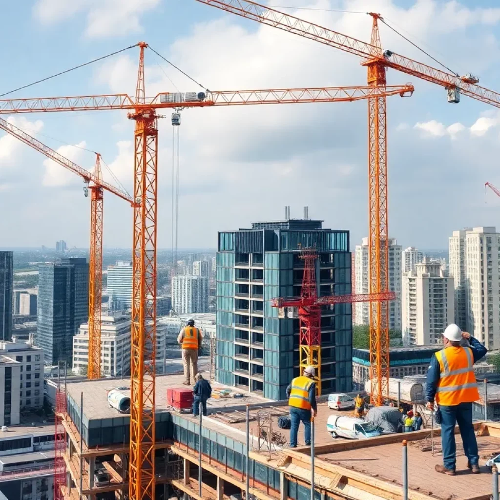Celebrating 40 years of JE Dunn Construction in Atlanta with a construction site in the background.