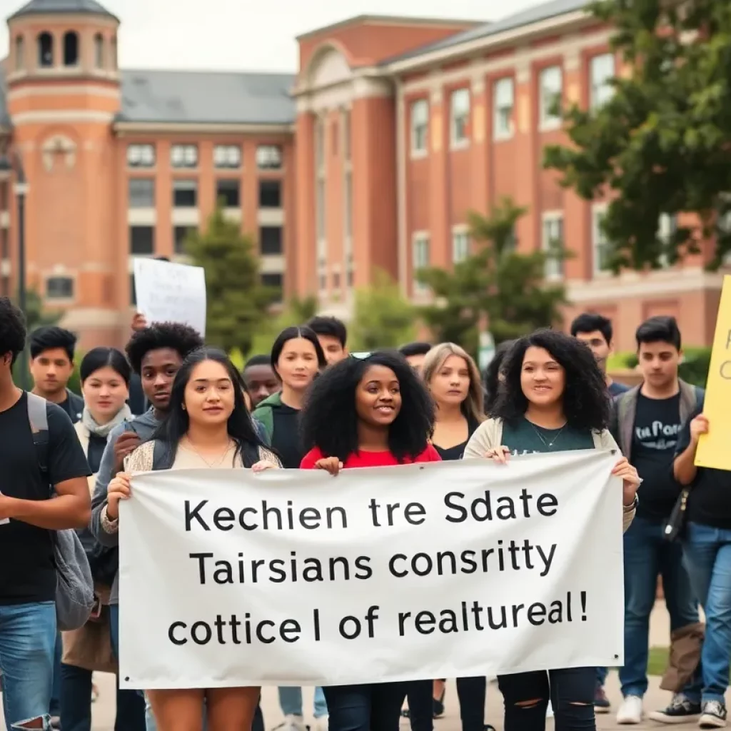 Students at Kennesaw State University rally for diversity programs on campus.