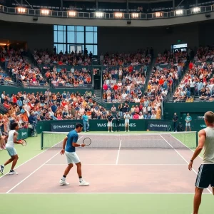 Marshall University Women's Tennis team competing in a match
