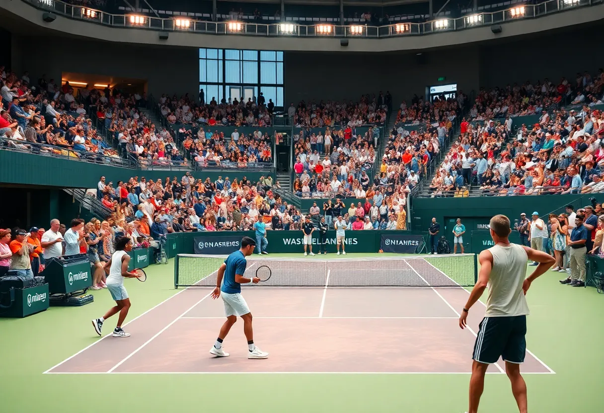 Marshall University Women's Tennis team competing in a match
