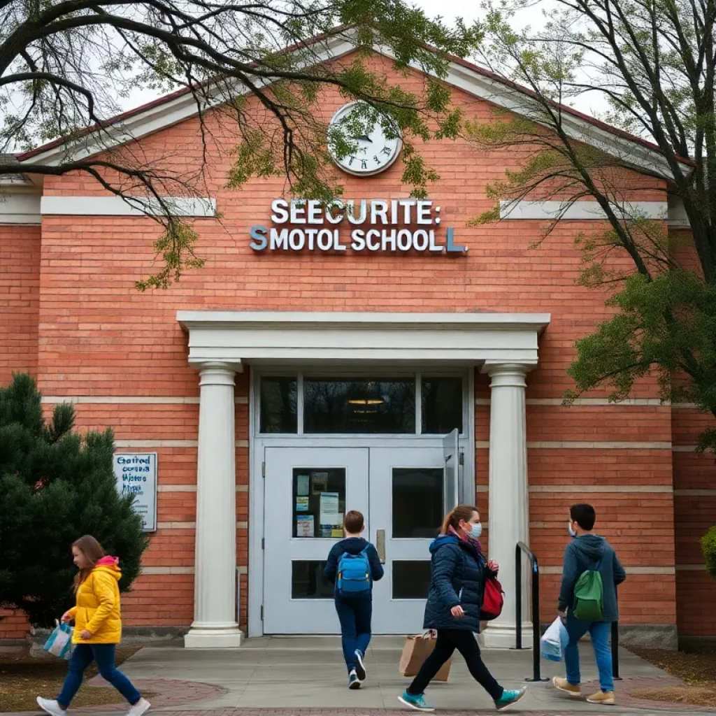 Exterior view of Midtown High School with security measures