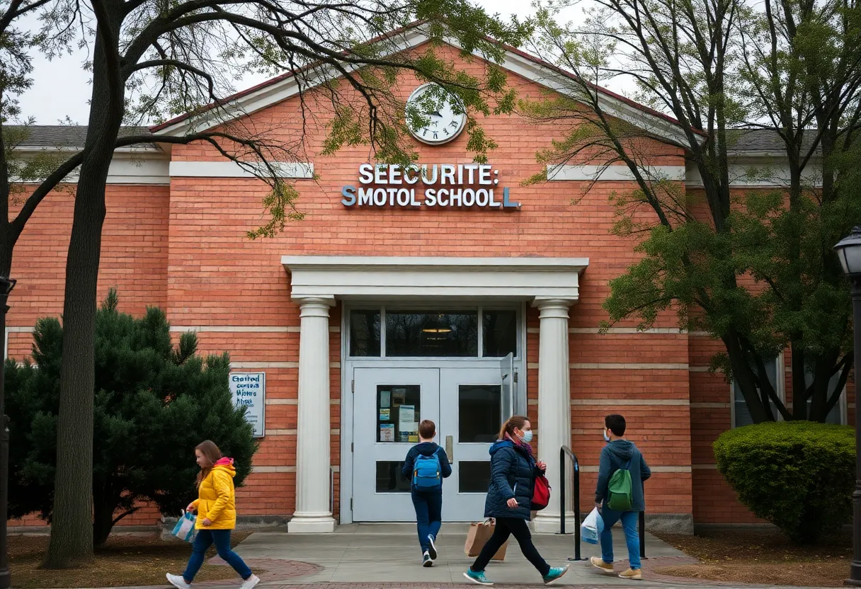 Exterior view of Midtown High School with security measures
