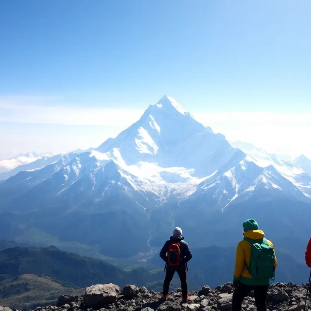 View of Mount Everest with climbers preparing for ascent
