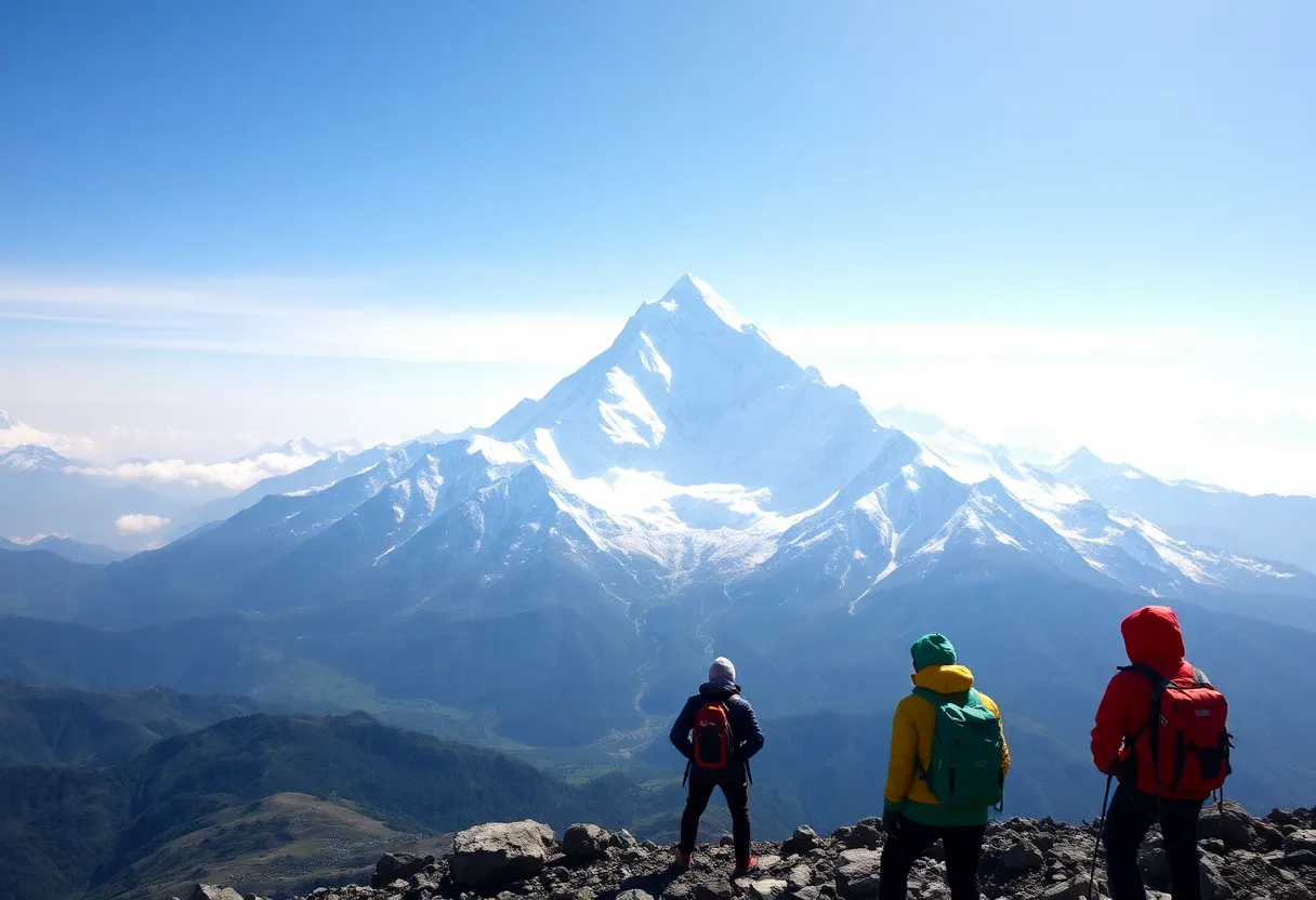 View of Mount Everest with climbers preparing for ascent