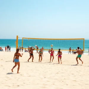 Beach volleyball match with teams competing