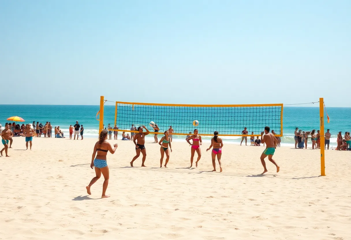 Beach volleyball match with teams competing