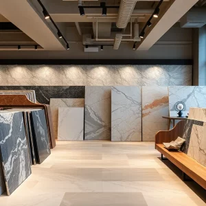 Interior view of a luxury surfaces showroom displaying stone slabs and tiles.