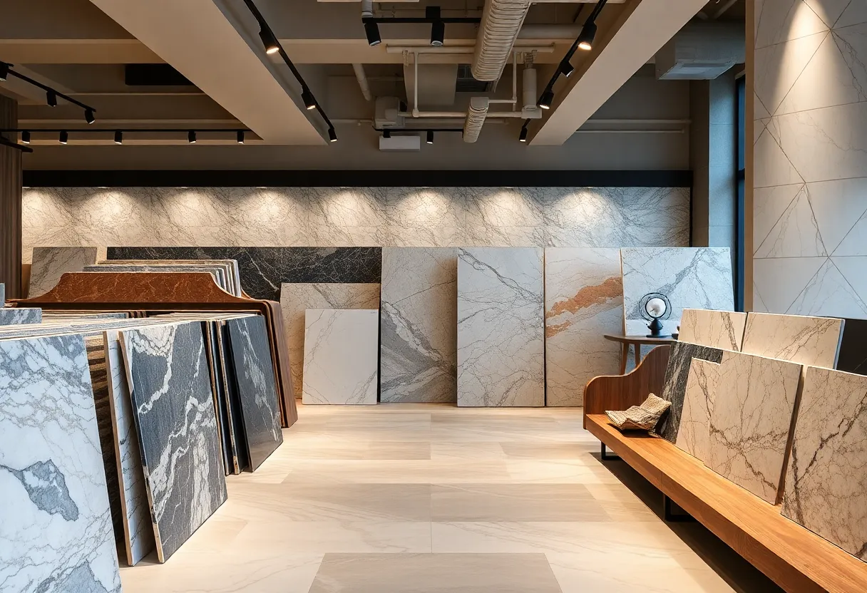 Interior view of a luxury surfaces showroom displaying stone slabs and tiles.