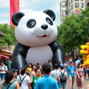Festival attendees enjoying Panda Fest with a giant inflatable panda and food stalls.
