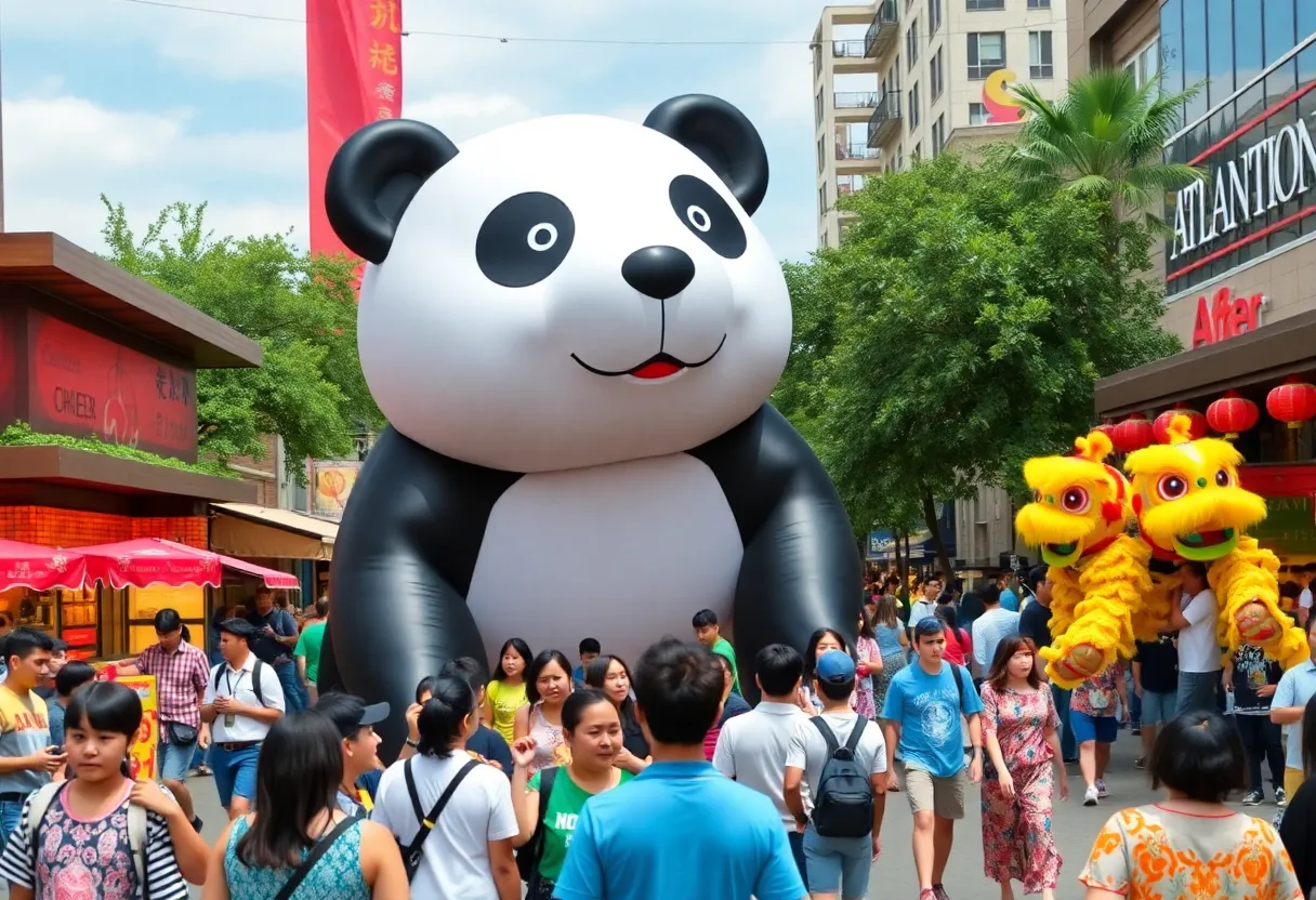 Festival attendees enjoying Panda Fest with a giant inflatable panda and food stalls.