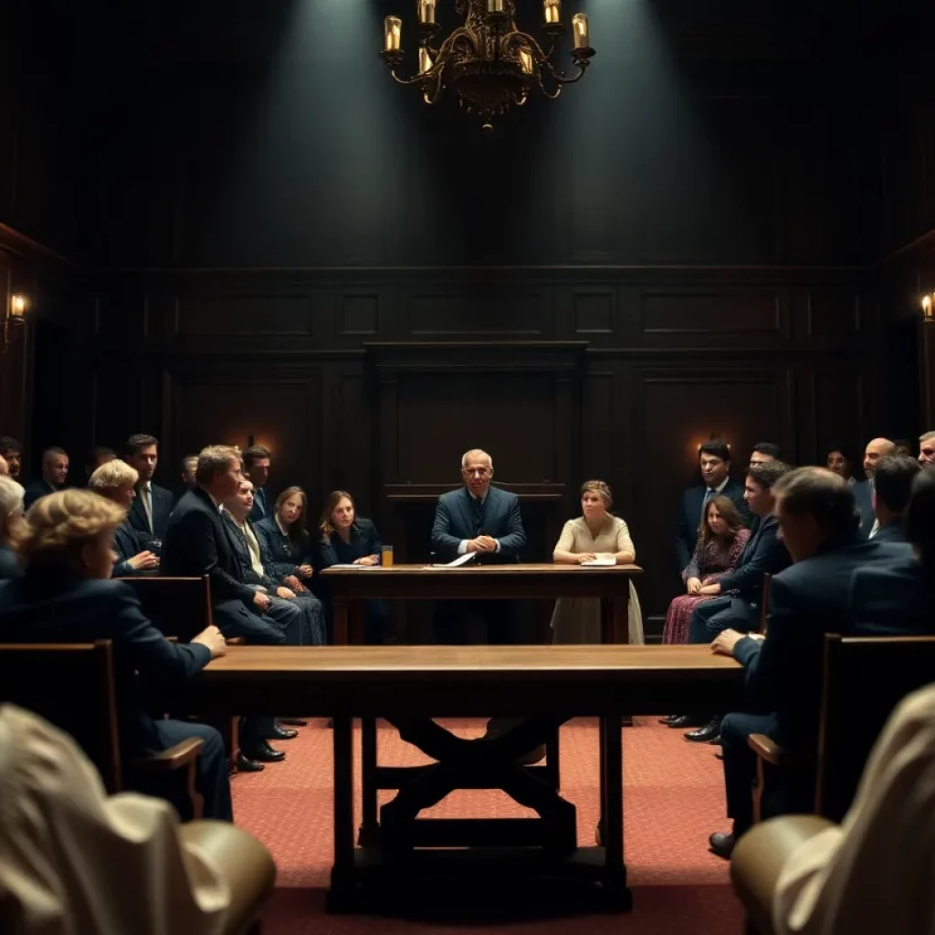 A scene from the musical Parade depicting a courtroom atmosphere.