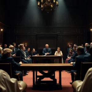 A scene from the musical Parade depicting a courtroom atmosphere.
