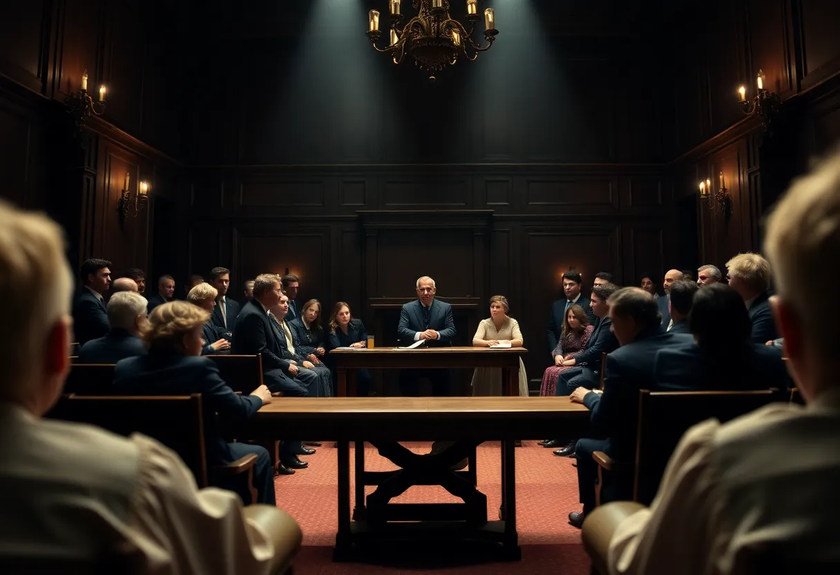 A scene from the musical Parade depicting a courtroom atmosphere.