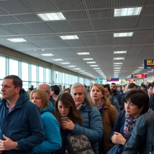 Frustrated passengers waiting at Montgomery airport during severe weather