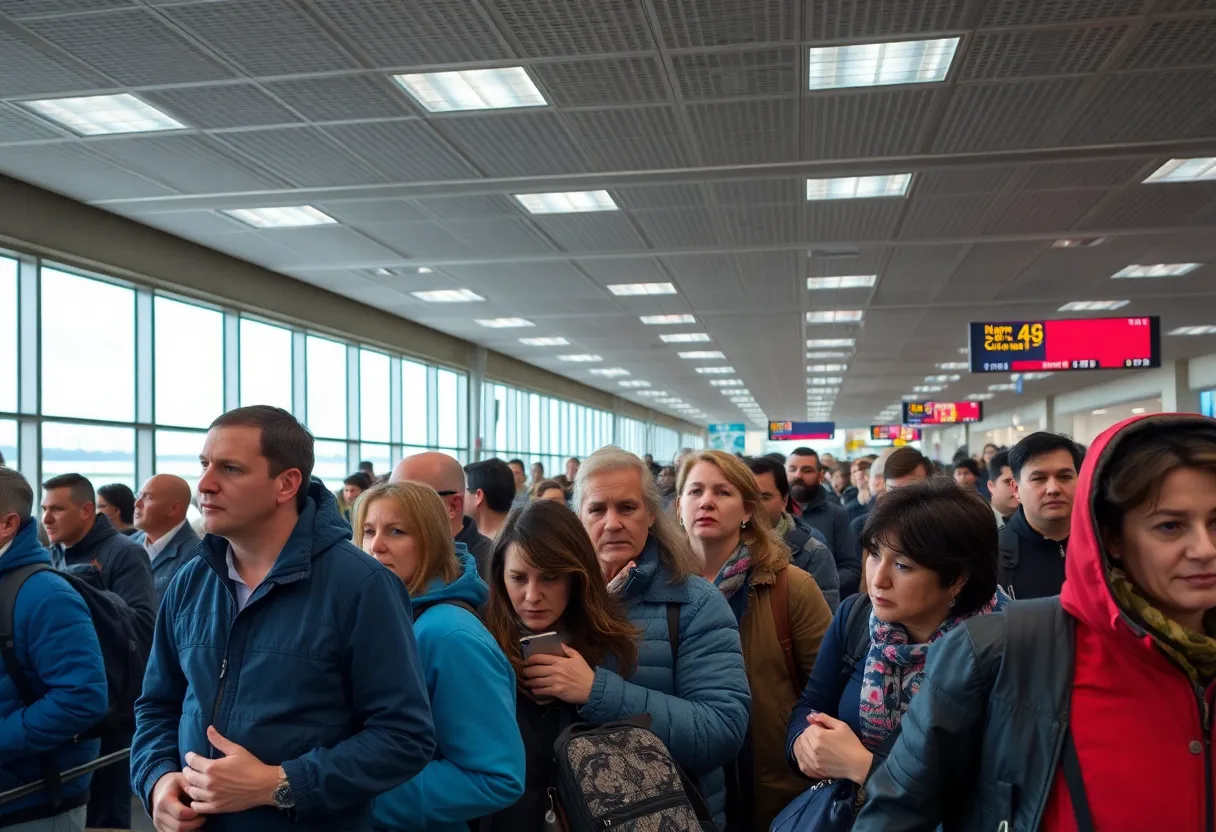 Frustrated passengers waiting at Montgomery airport during severe weather