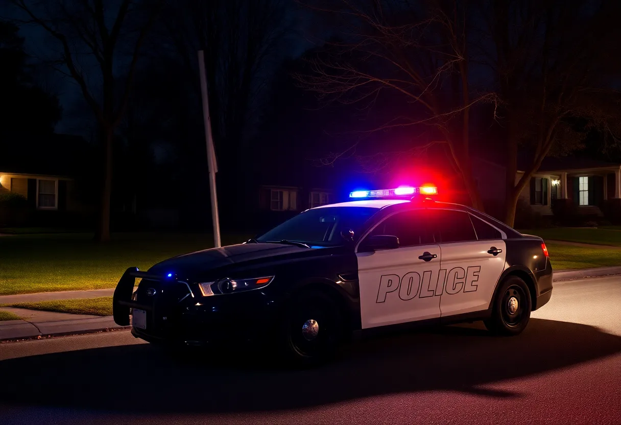 Police car at a residential scene with flashing lights