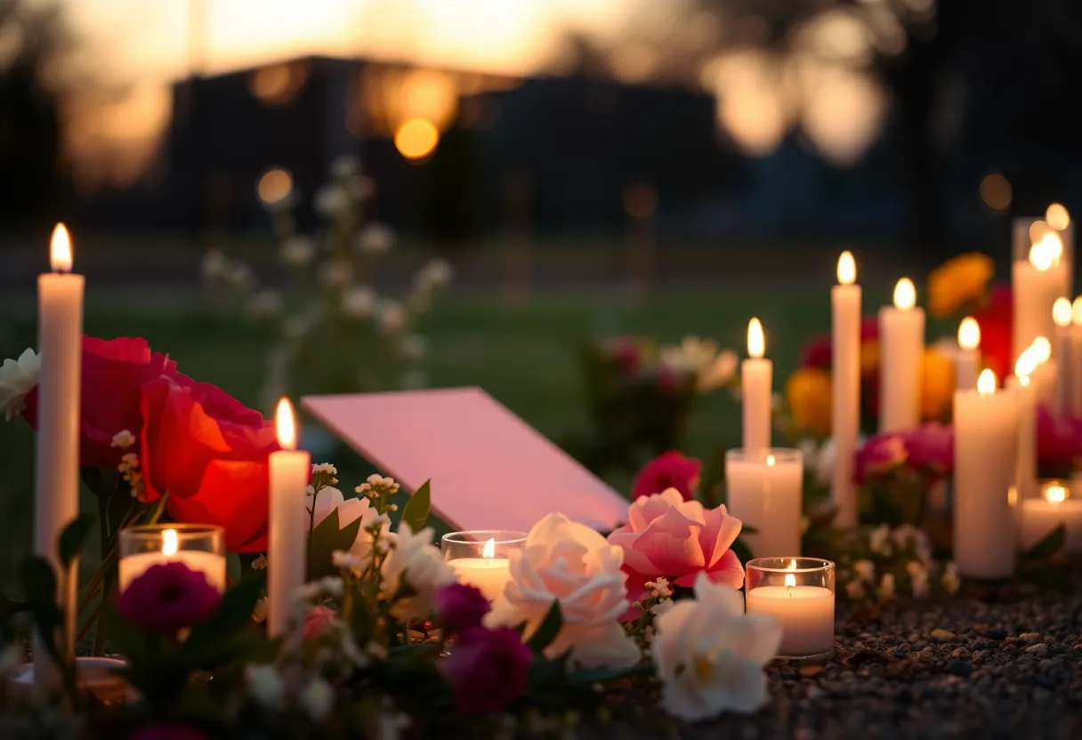 A peaceful memorial setting with candles for Pope Francis
