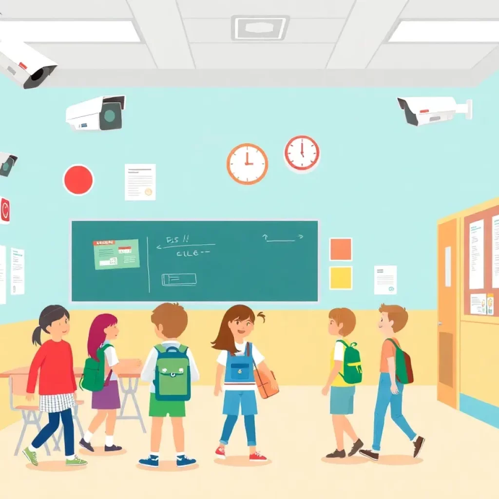 Illustration depicting various school safety measures