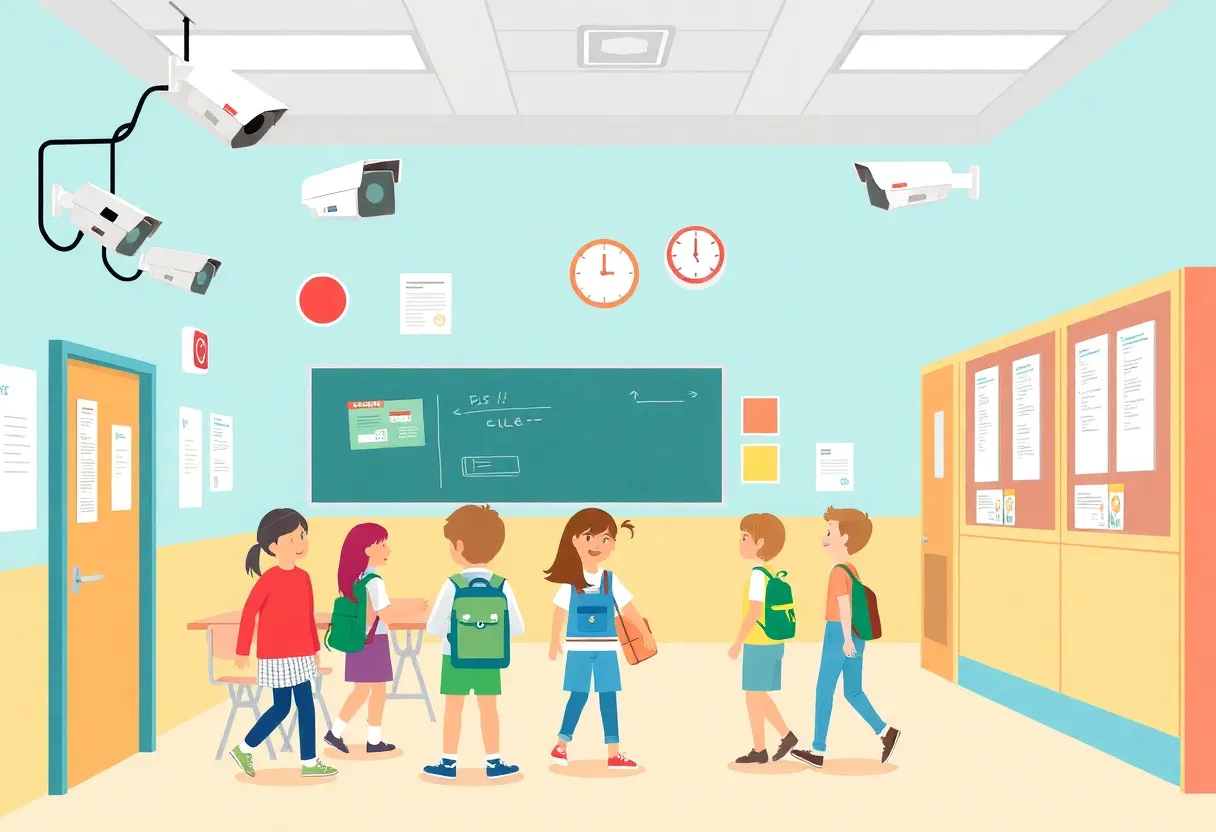 Illustration depicting various school safety measures