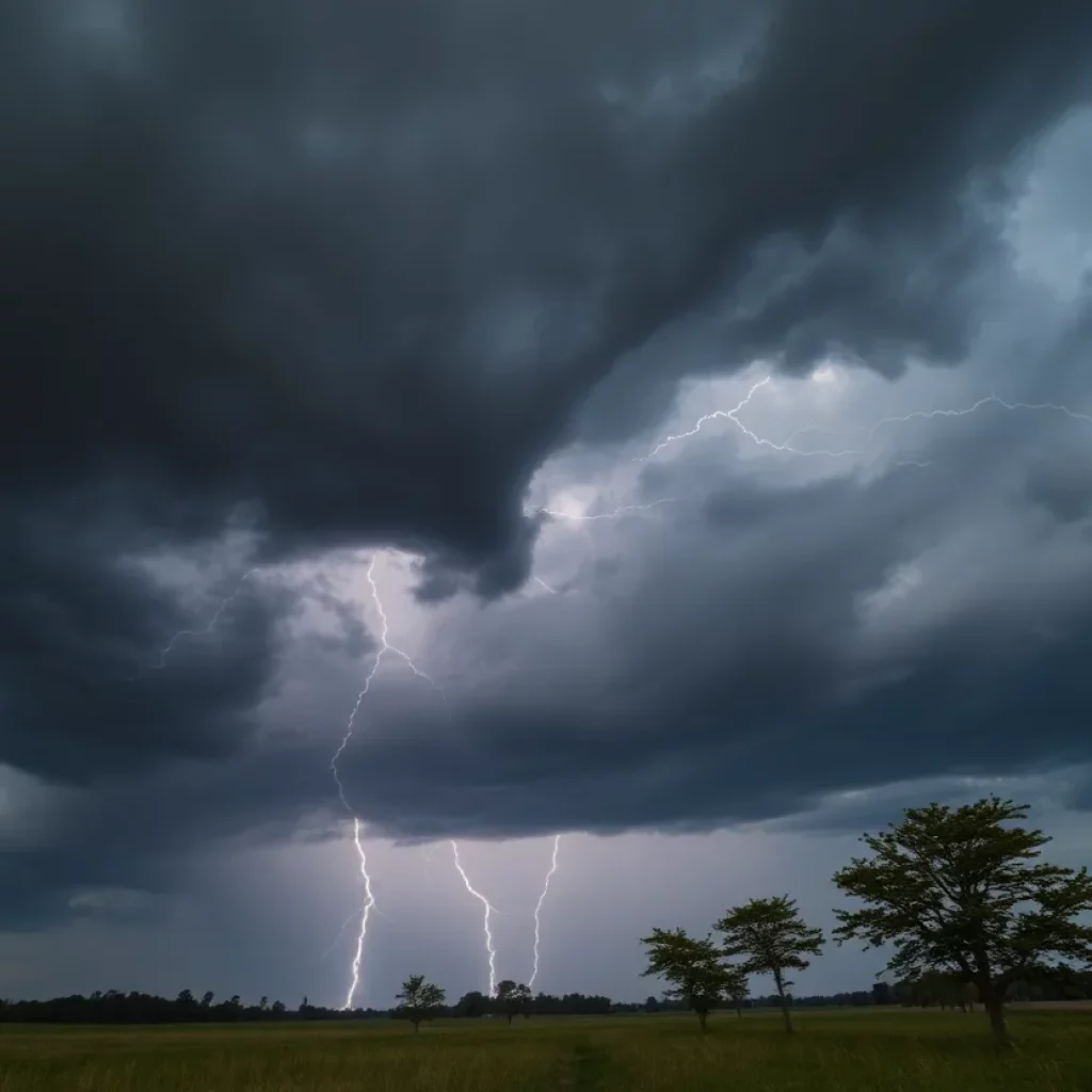 Dark storm clouds with lightning over Georgia landscape