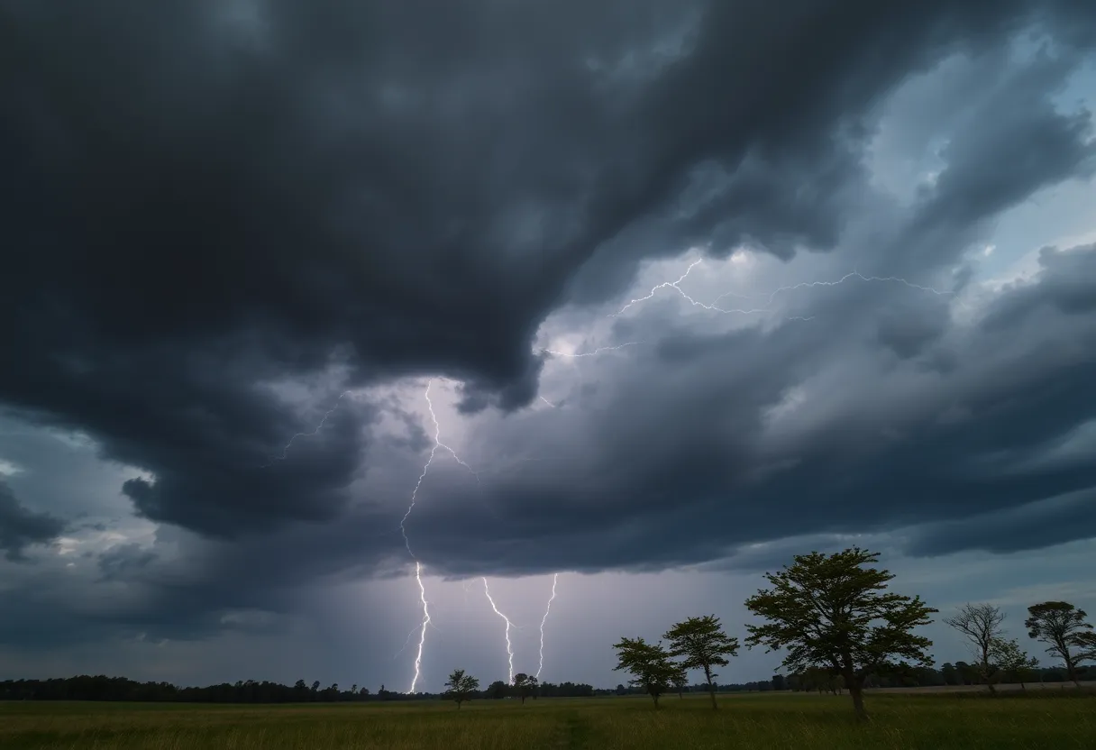 Dark storm clouds with lightning over Georgia landscape