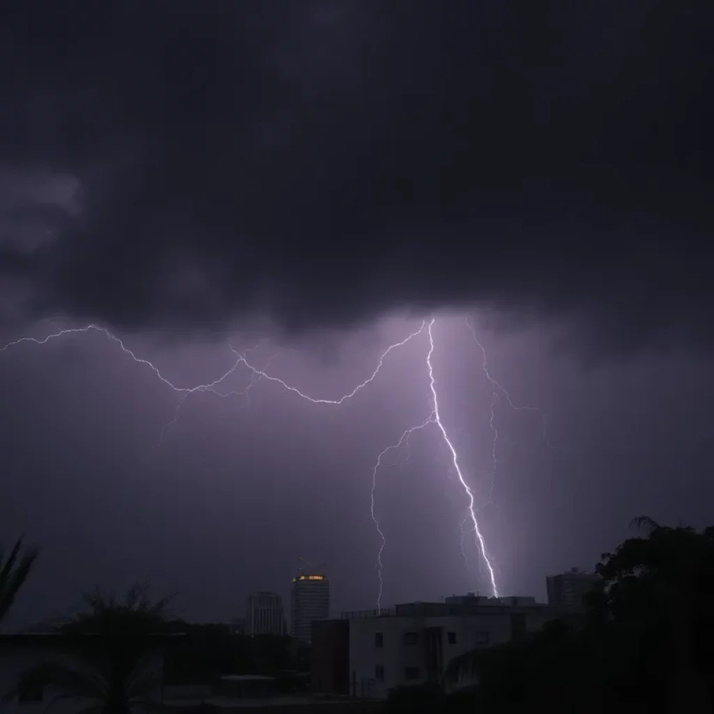 Dark thunderstorm clouds over Atlanta skyline with lightning