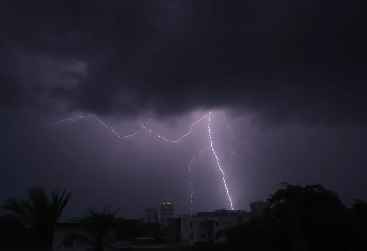 Dark thunderstorm clouds over Atlanta skyline with lightning