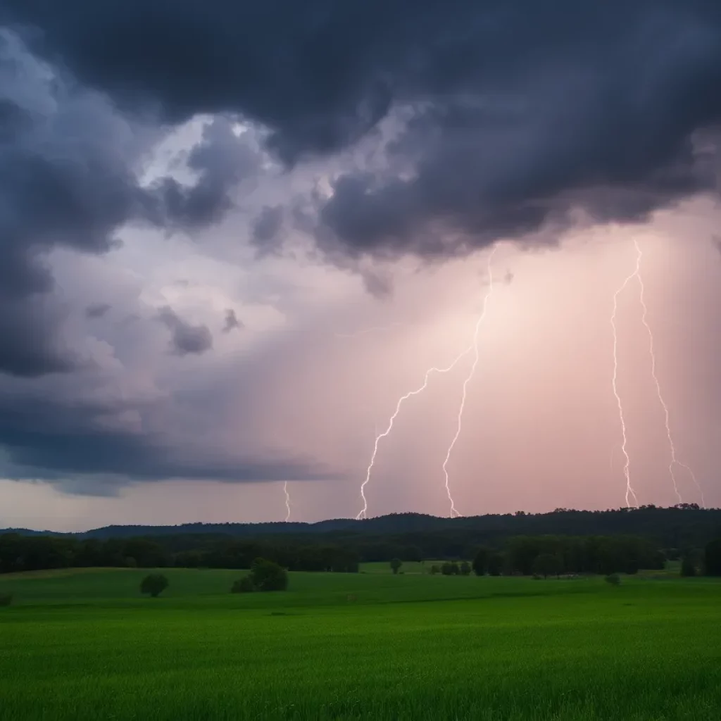Dramatic storm clouds and lightning over a Georgian landscape.