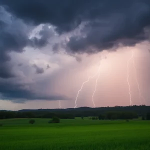 Dramatic storm clouds and lightning over a Georgian landscape.