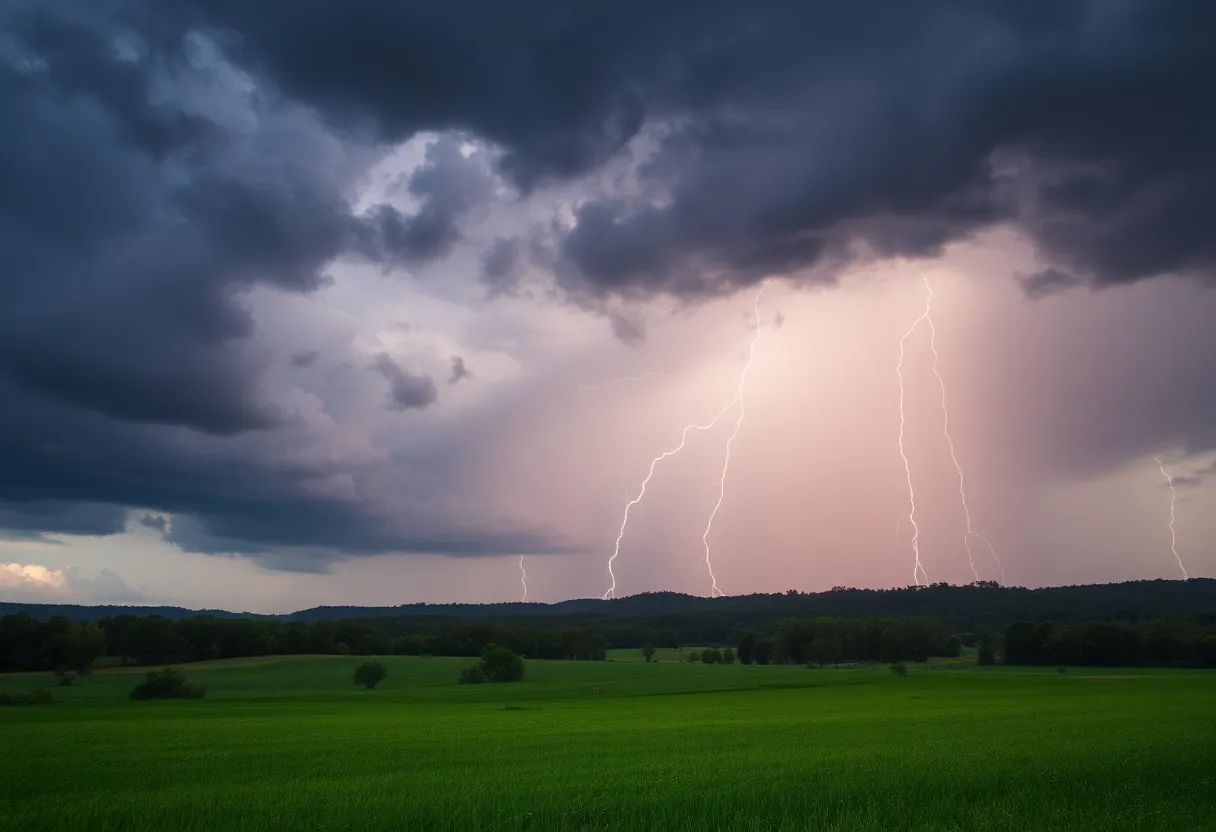 Dramatic storm clouds and lightning over a Georgian landscape.
