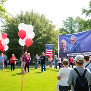 Community celebration honoring Shirley Franklin with balloons and banners in a park.