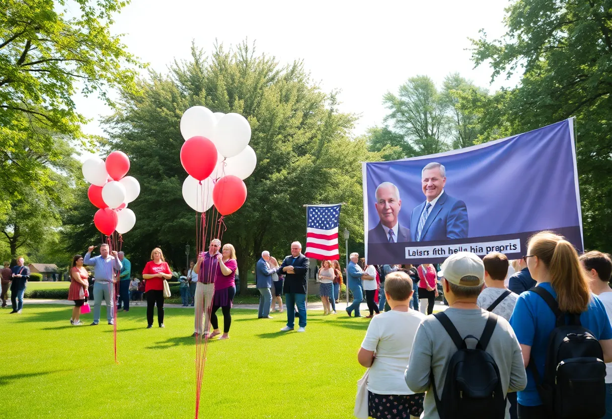 Community celebration honoring Shirley Franklin with balloons and banners in a park.