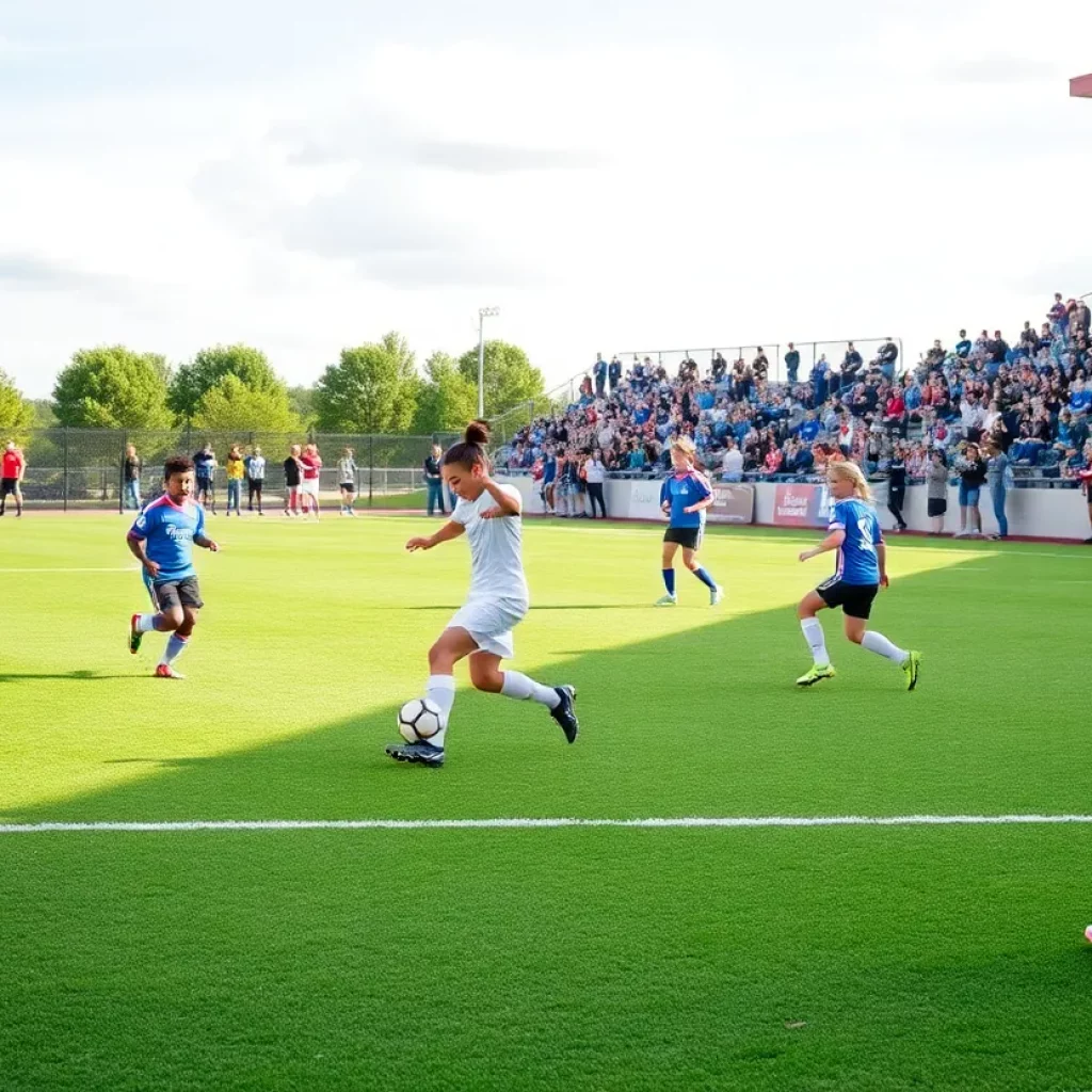 Soccer players from Marist School and Eastside High School engaged in a match