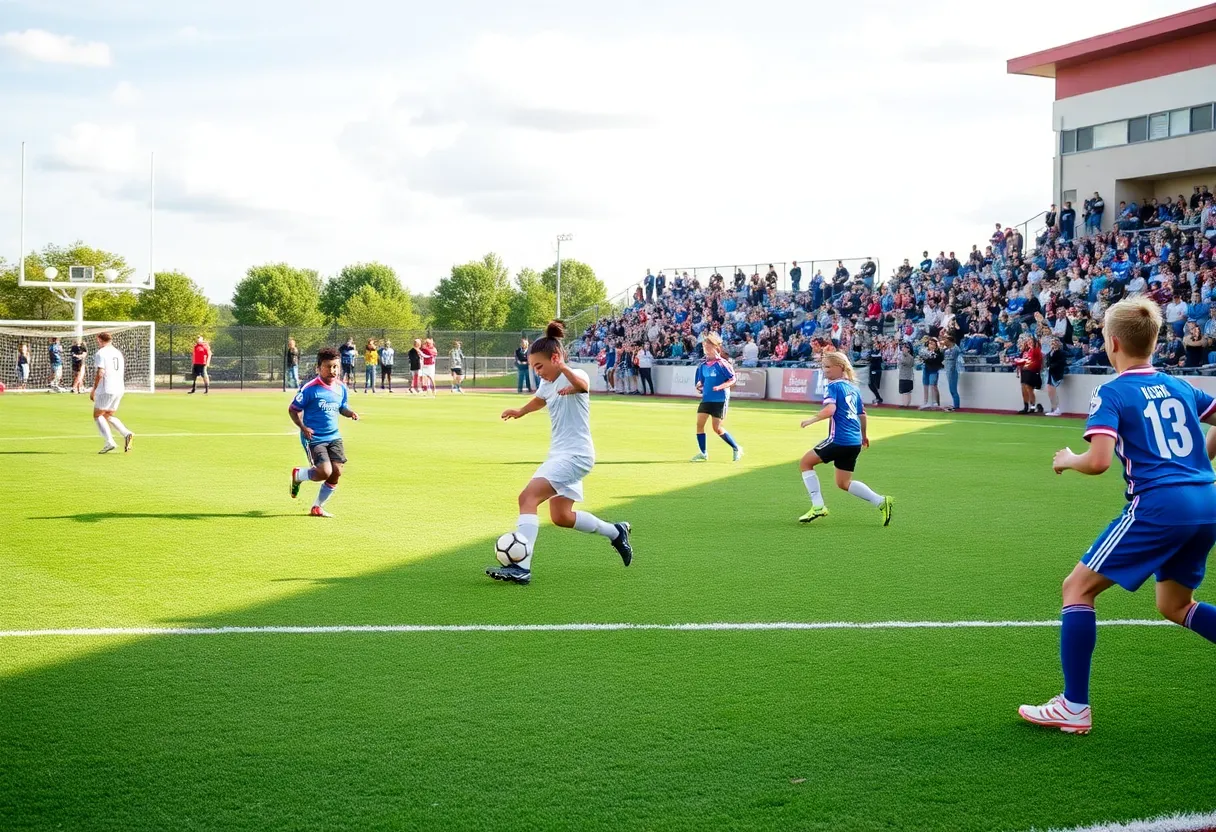 Soccer players from Marist School and Eastside High School engaged in a match