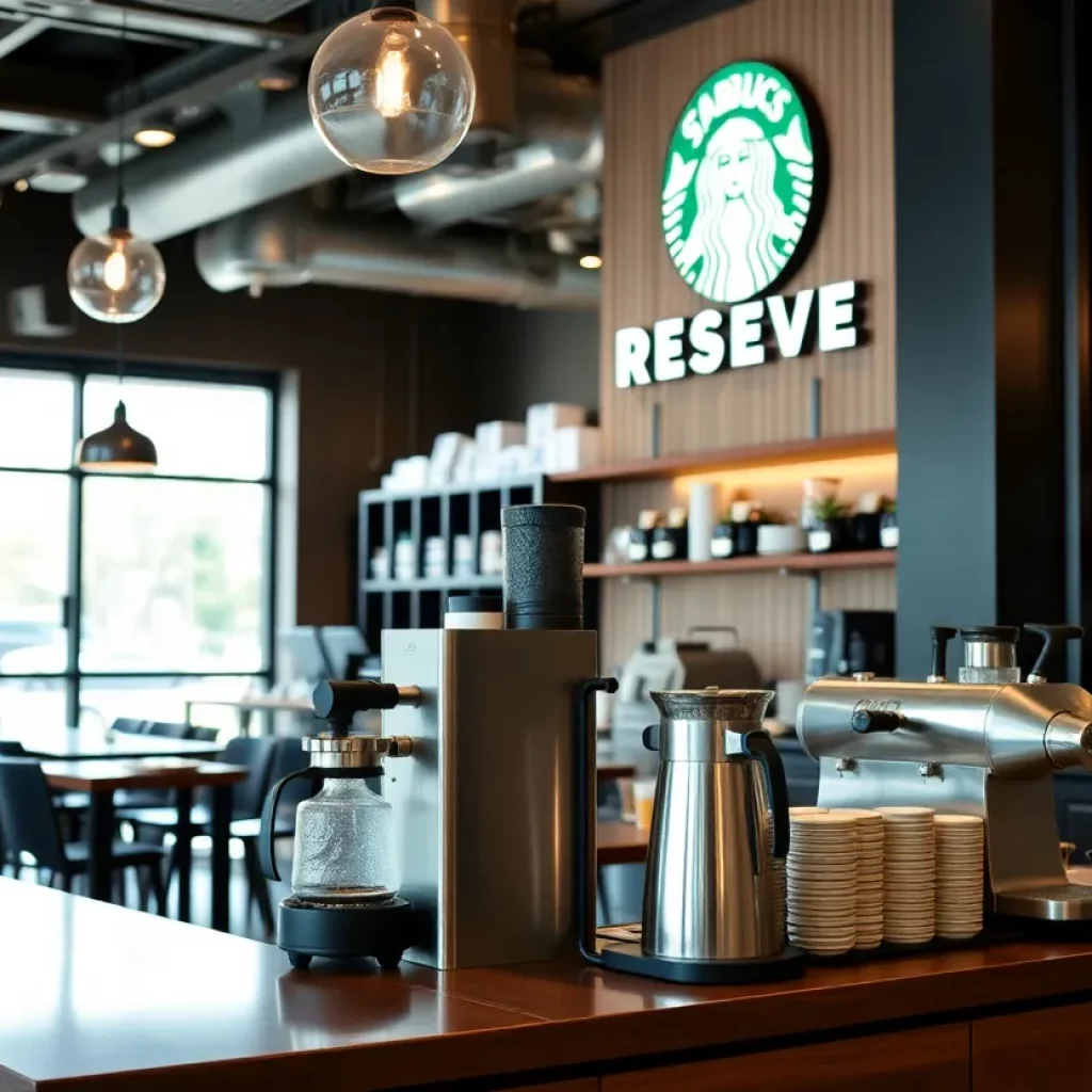 Interior view of the new Starbucks Reserve café in Midtown Atlanta showcasing coffee brewing machines.