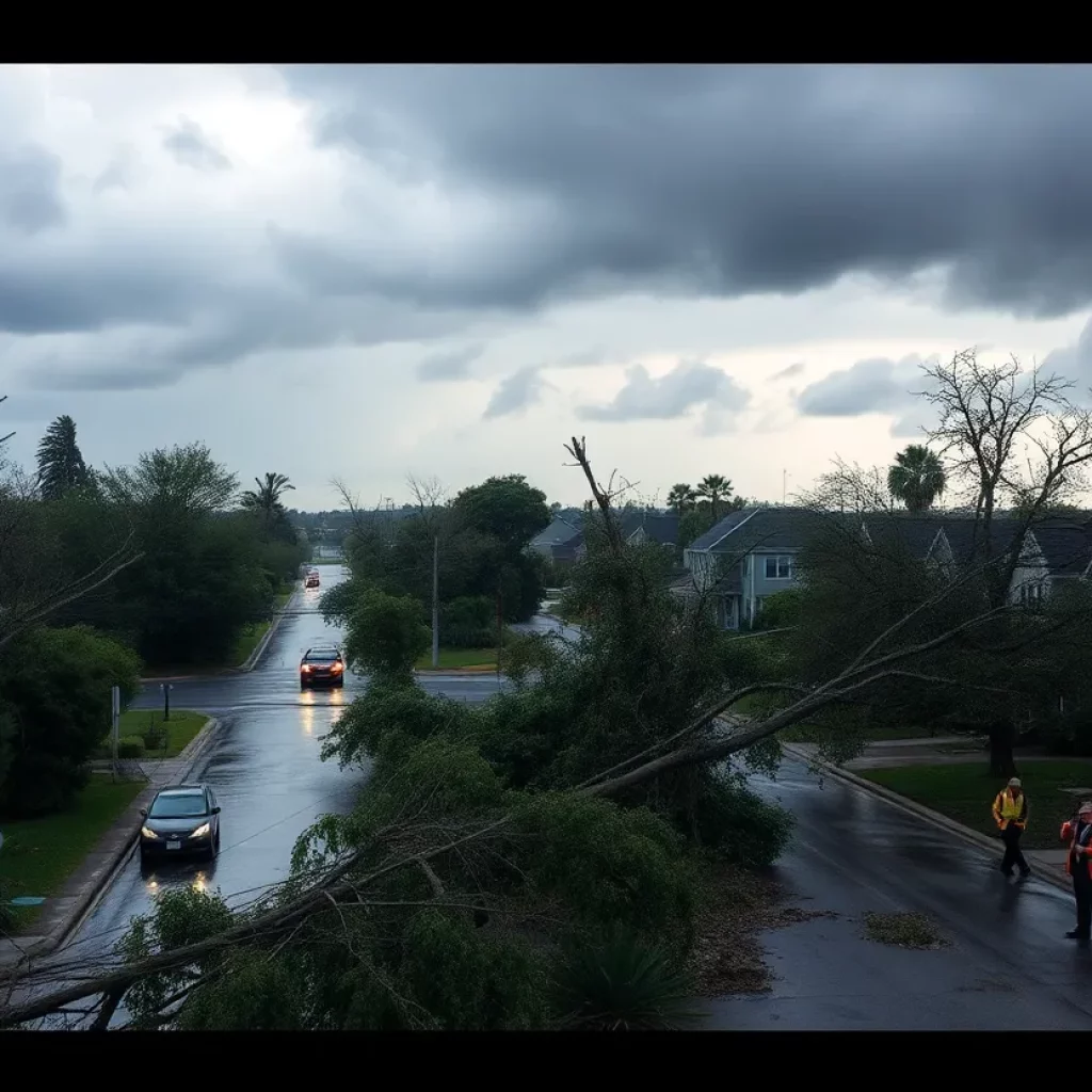 Damage caused by a severe storm with fallen trees and affected properties.