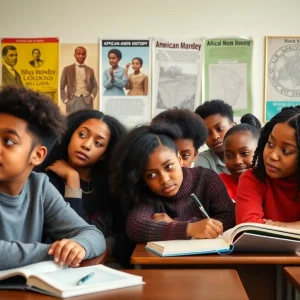 Diverse students studying African American history in a classroom.