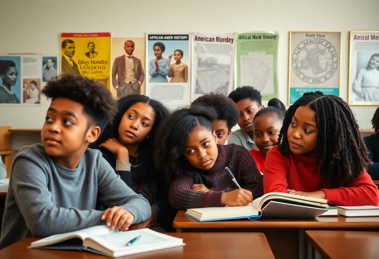 Diverse students studying African American history in a classroom.