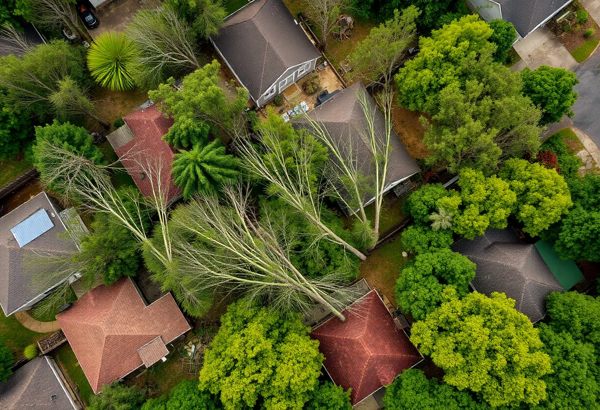 Damage caused by severe thunderstorms in Atlanta with fallen trees and power lines