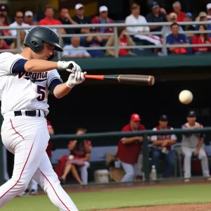 Virginia baseball player hitting a ball with fans cheering