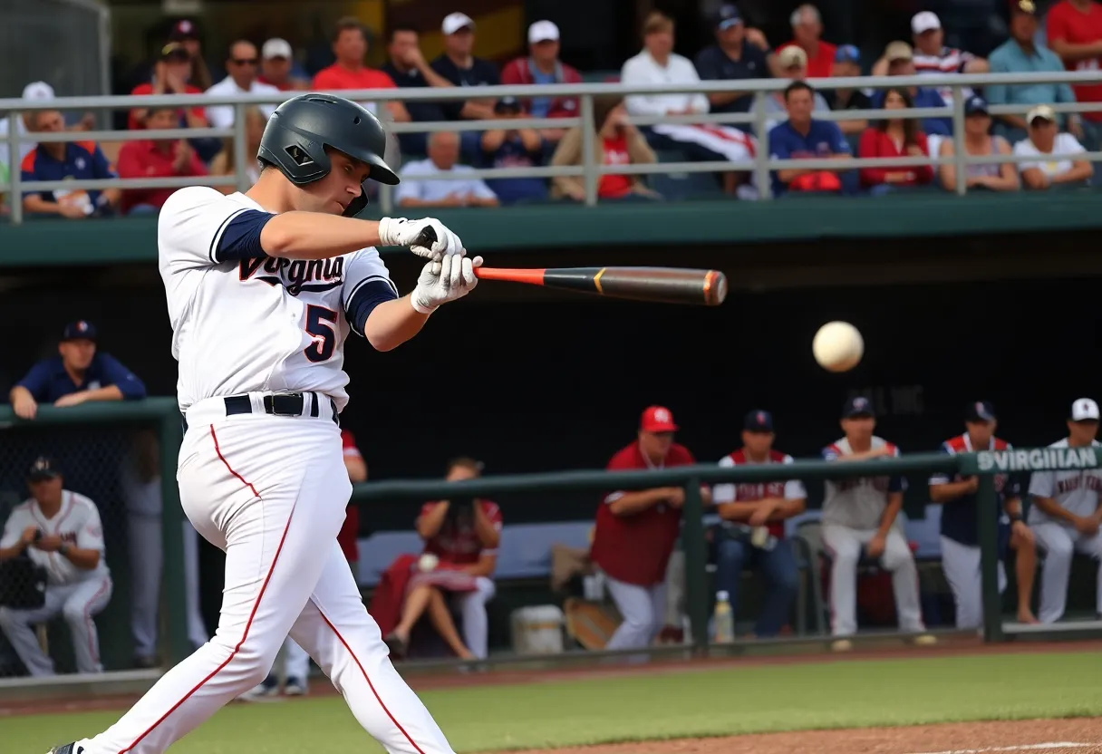 Virginia baseball player hitting a ball with fans cheering
