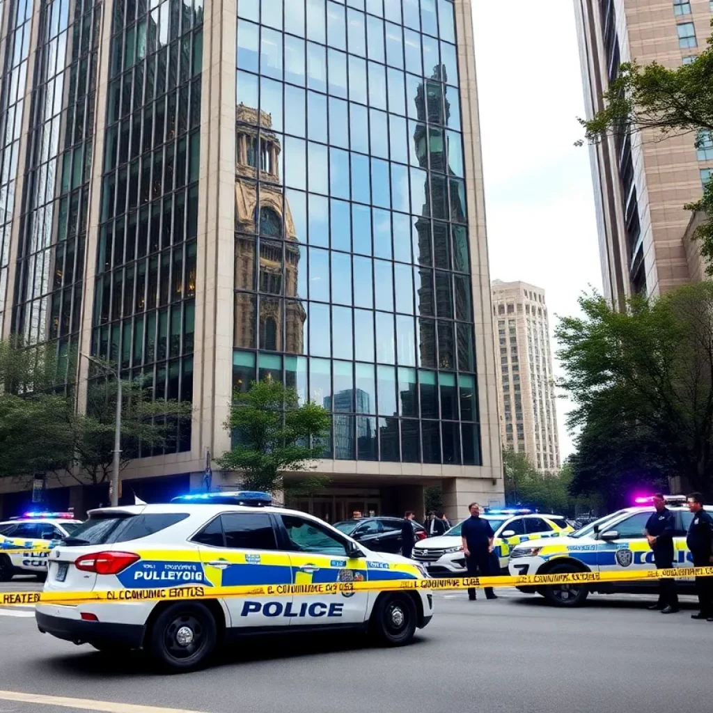 Police securing the Wells Fargo Tower in Midtown Atlanta during a bomb threat investigation