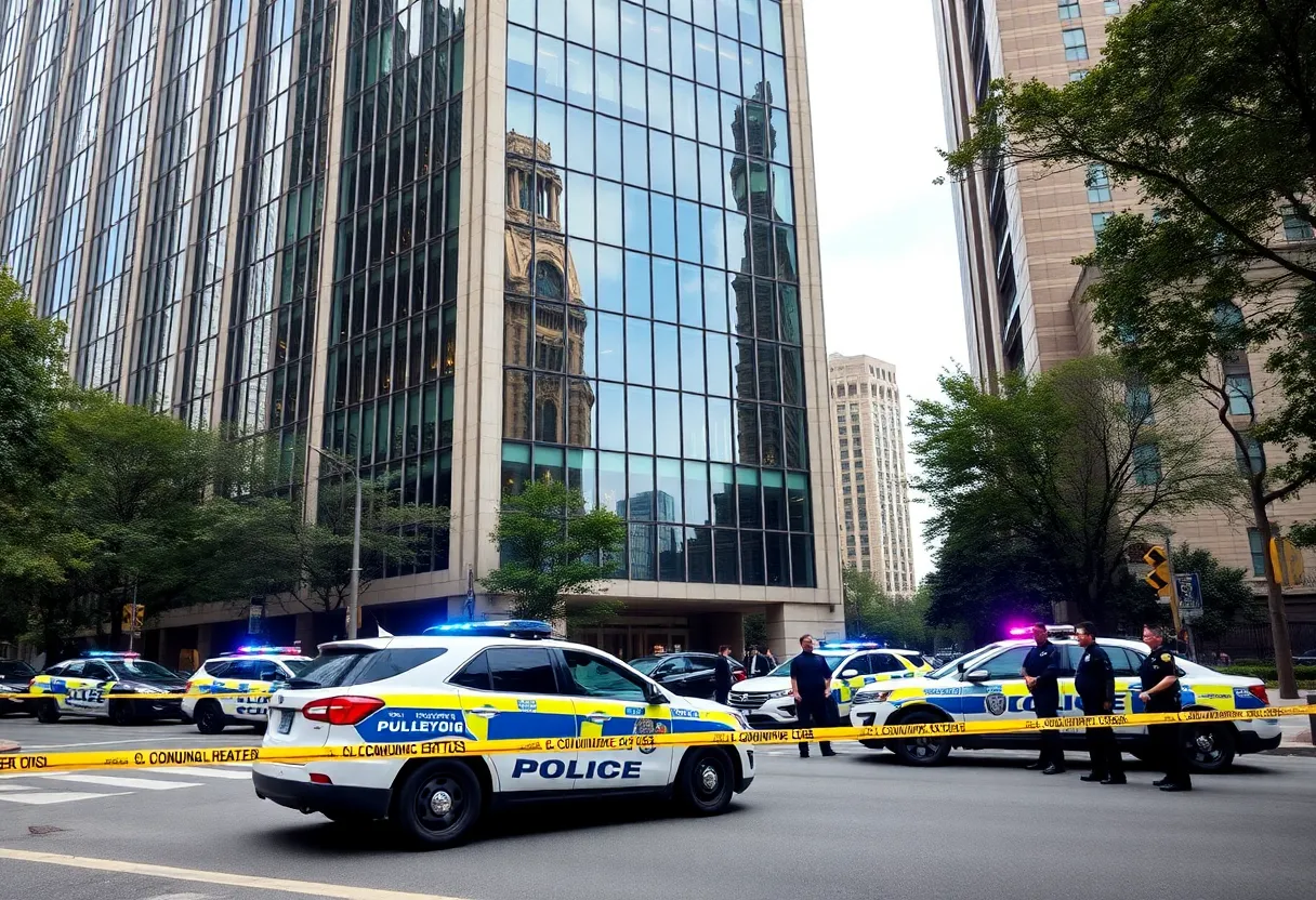 Police securing the Wells Fargo Tower in Midtown Atlanta during a bomb threat investigation