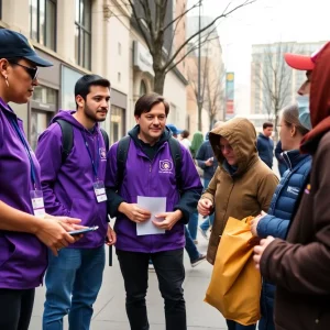 ADID supportive services team members in purple uniforms assisting individuals experiencing homelessness in Atlanta