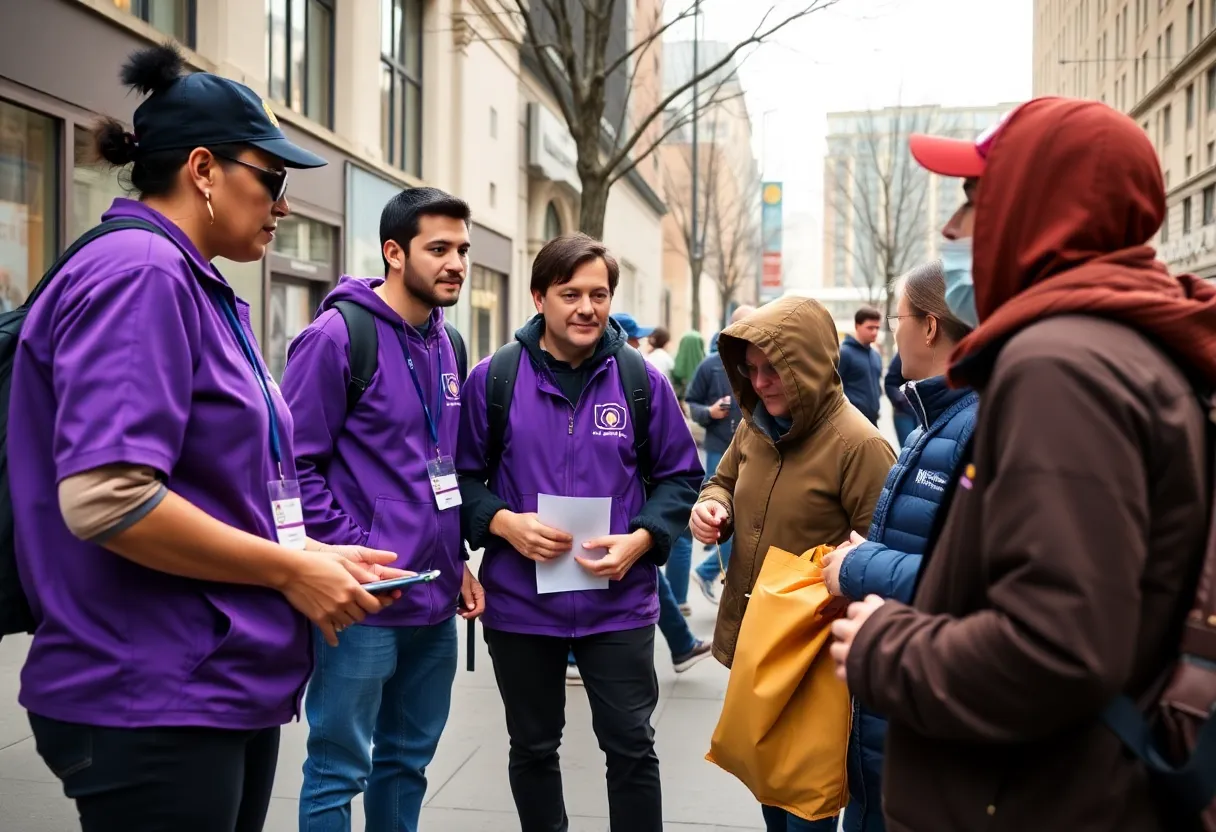 ADID supportive services team members in purple uniforms assisting individuals experiencing homelessness in Atlanta