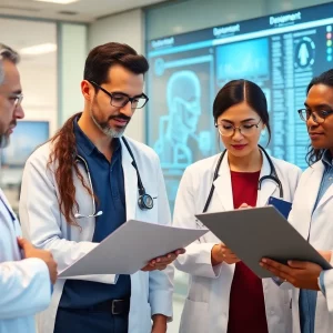 Healthcare professionals discussing AI ethics with advanced technology in the background.